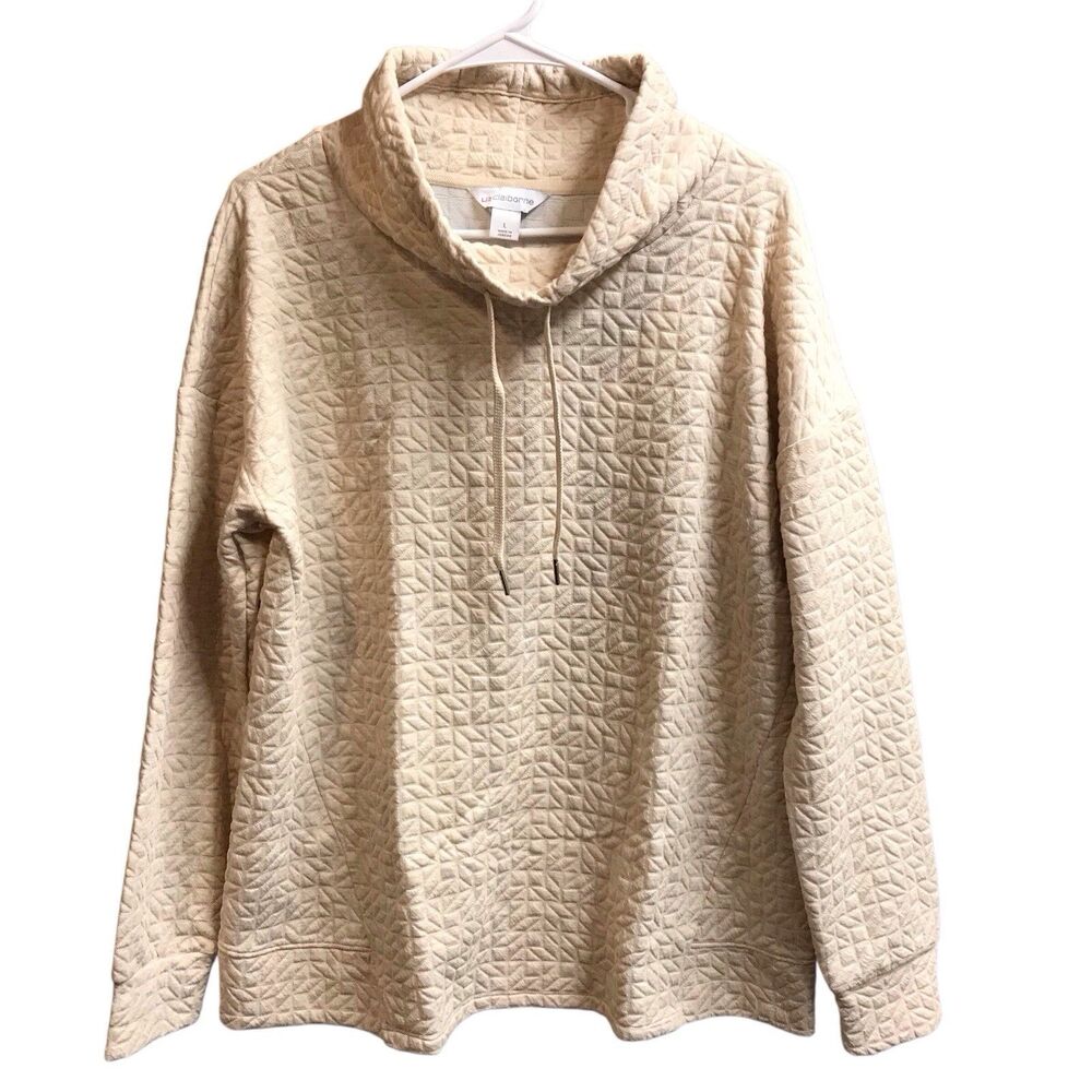Liz Claiborne Womens Sz. Large Cowl Neck Pull Over Cream Quilt Drawstring